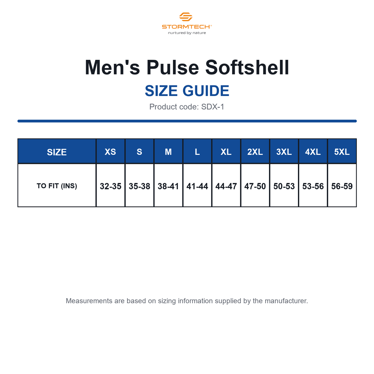 SDX-1 Stormtech Men's Pulse Softshell size guide (SDX-1)