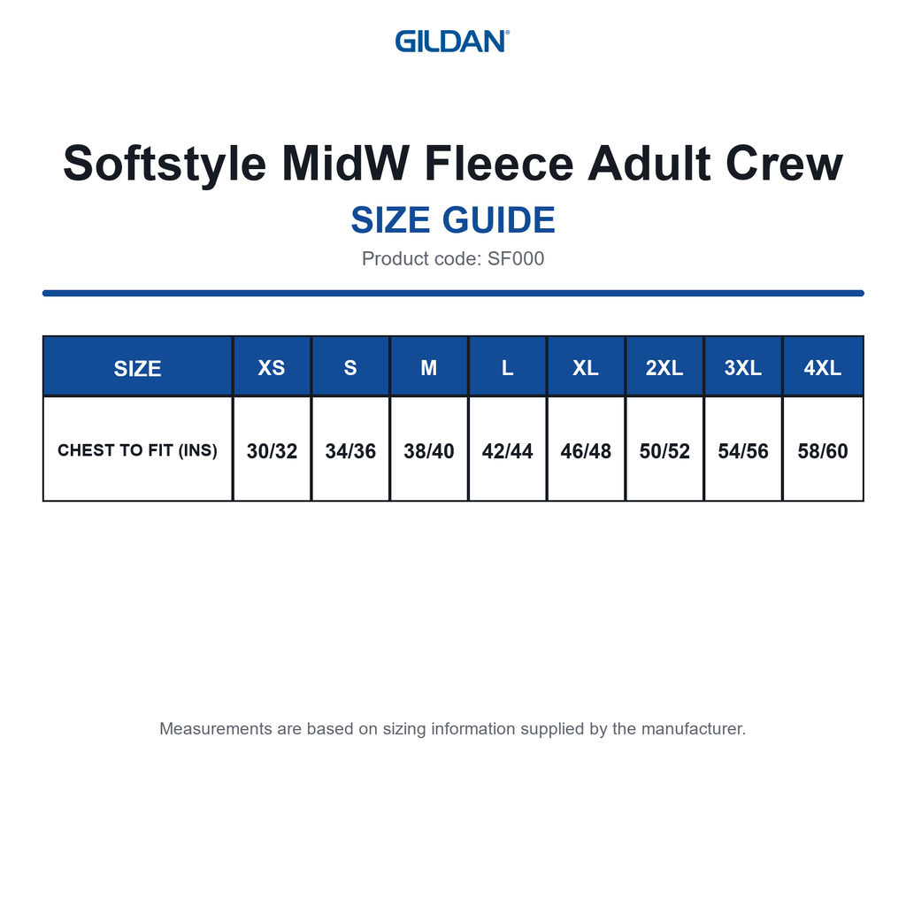 SF000 Gildan Softstyle MidW Fleece Adult Crew size guide (SF000)