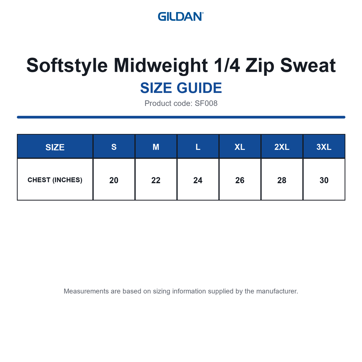 SF008 Gildan Softstyle Midweight 1/4 Zip Sweat size guide (SF008)