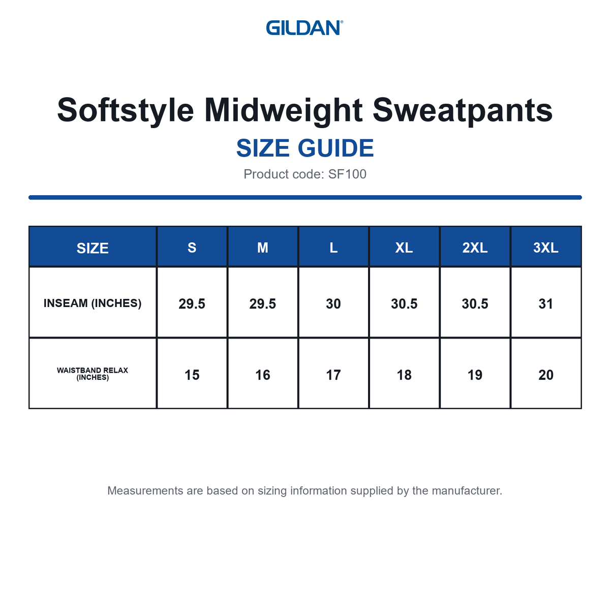 SF100 Gildan Softstyle Midweight Sweatpants size guide (SF100)