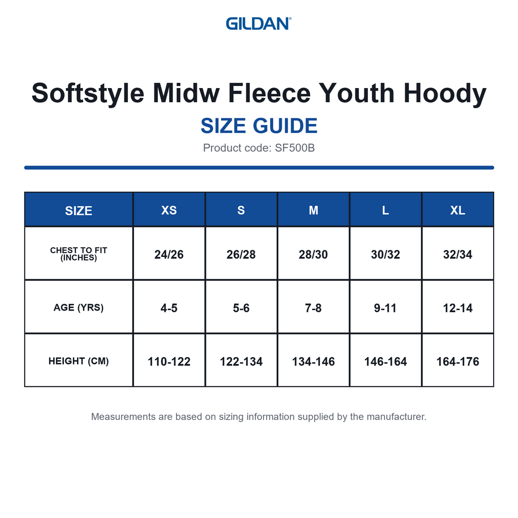 SF500B Gildan Softstyle Midw Fleece Youth Hoody size guide (SF500B)