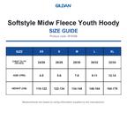 SF500B Gildan Softstyle Midw Fleece Youth Hoody size guide (SF500B)