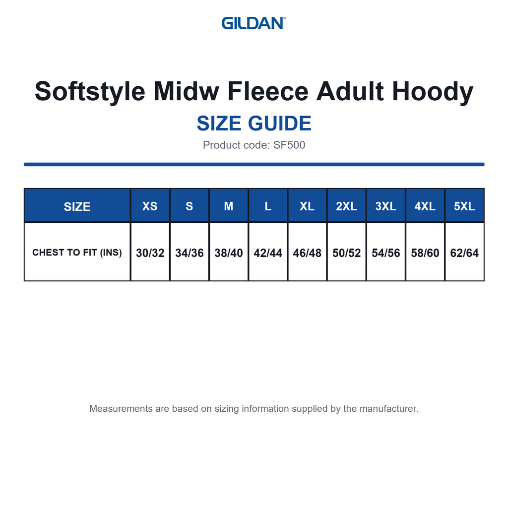 SF500 Gildan Softstyle Midw Fleece Adult Hoody size guide (SF500)