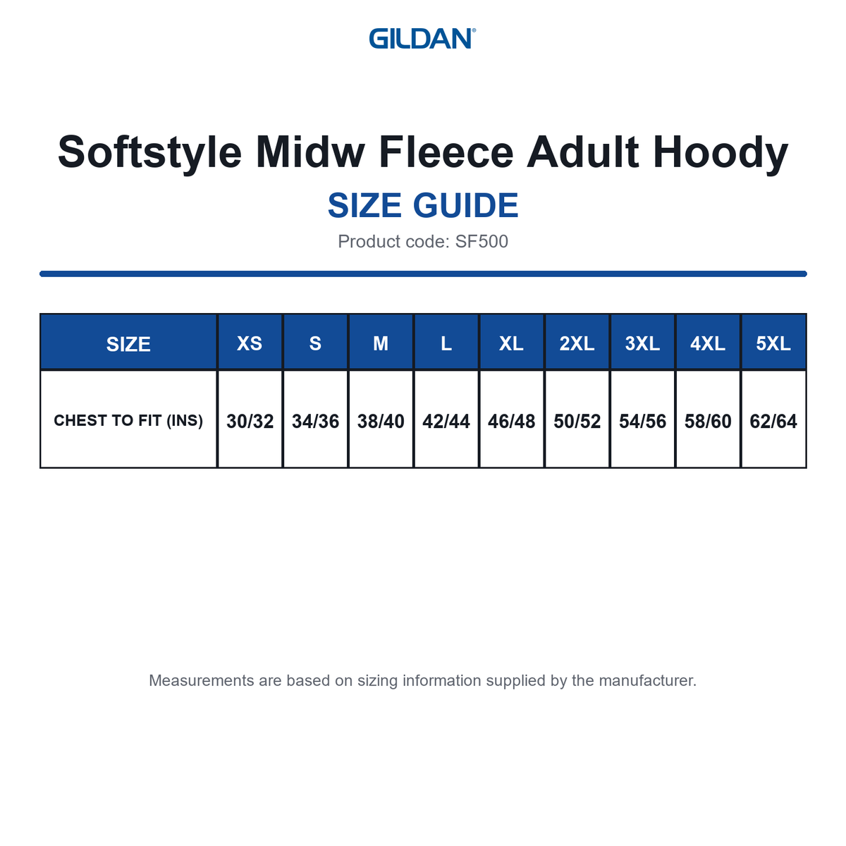 SF500 Gildan Softstyle Midw Fleece Adult Hoody size guide (SF500)