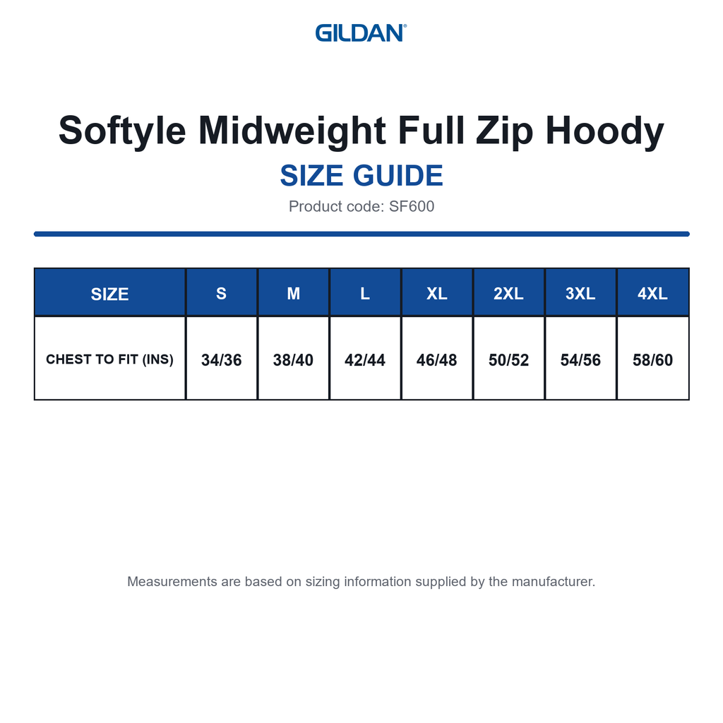 SF600 Gildan Softyle Midweight Full Zip Hoody size guide (SF600)