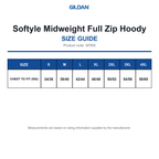 SF600 Gildan Softyle Midweight Full Zip Hoody size guide (SF600)