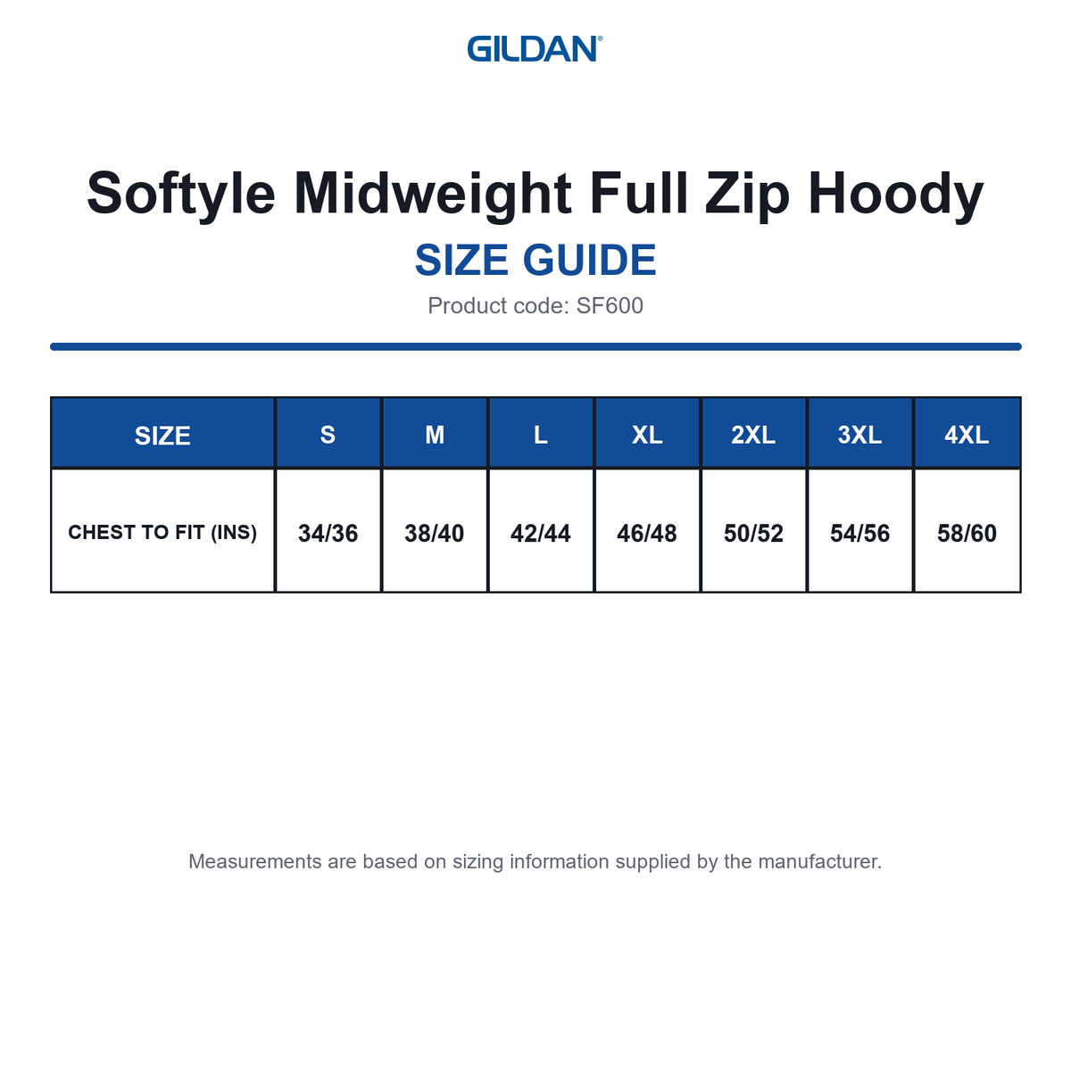 SF600 Gildan Softyle Midweight Full Zip Hoody size guide (SF600)