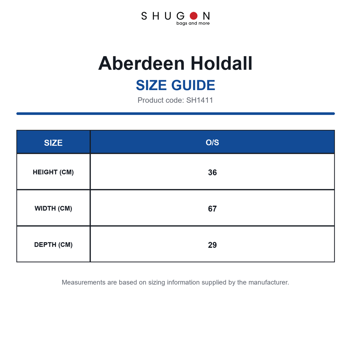 SH1411 Shugon Aberdeen Holdall size guide (SH1411)