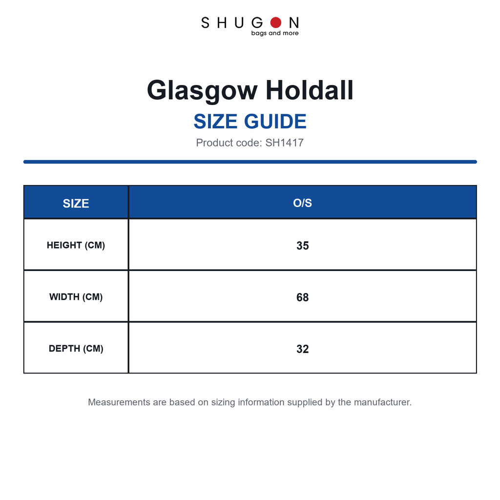 SH1417 Shugon Glasgow Holdall size guide (SH1417)