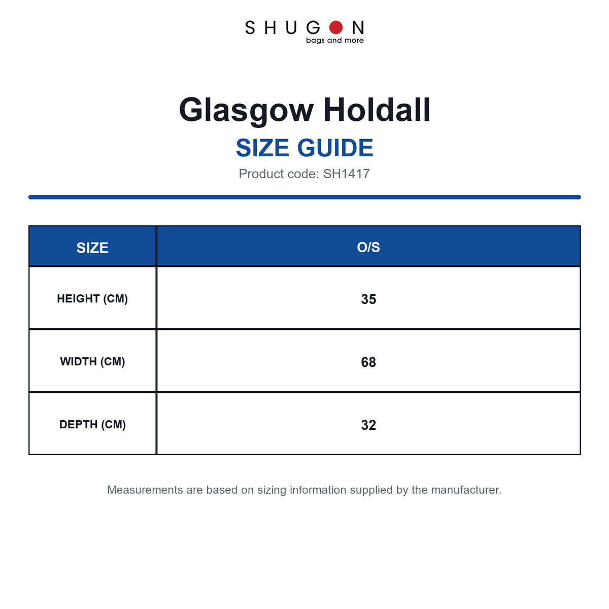 SH1417 Shugon Glasgow Holdall size guide (SH1417)