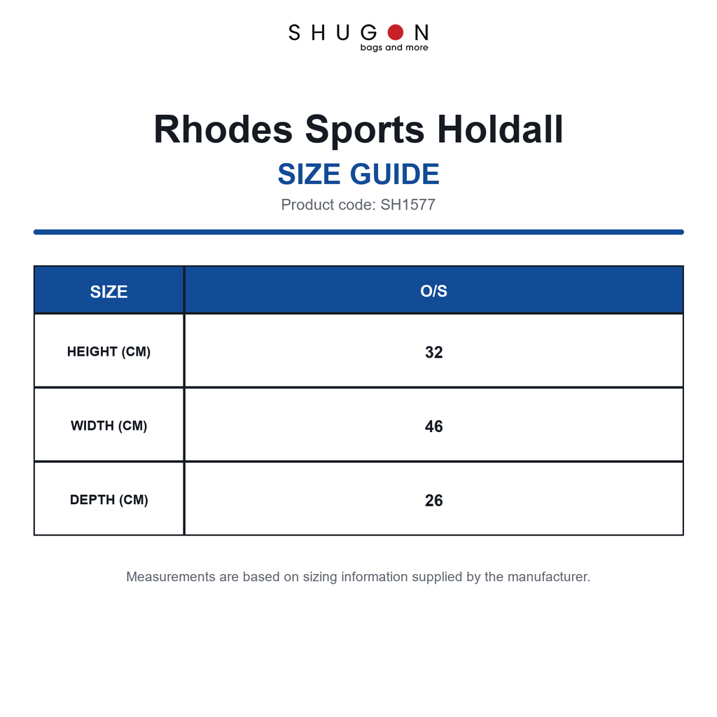 SH1577 Shugon Rhodes Sports Holdall size guide (SH1577)