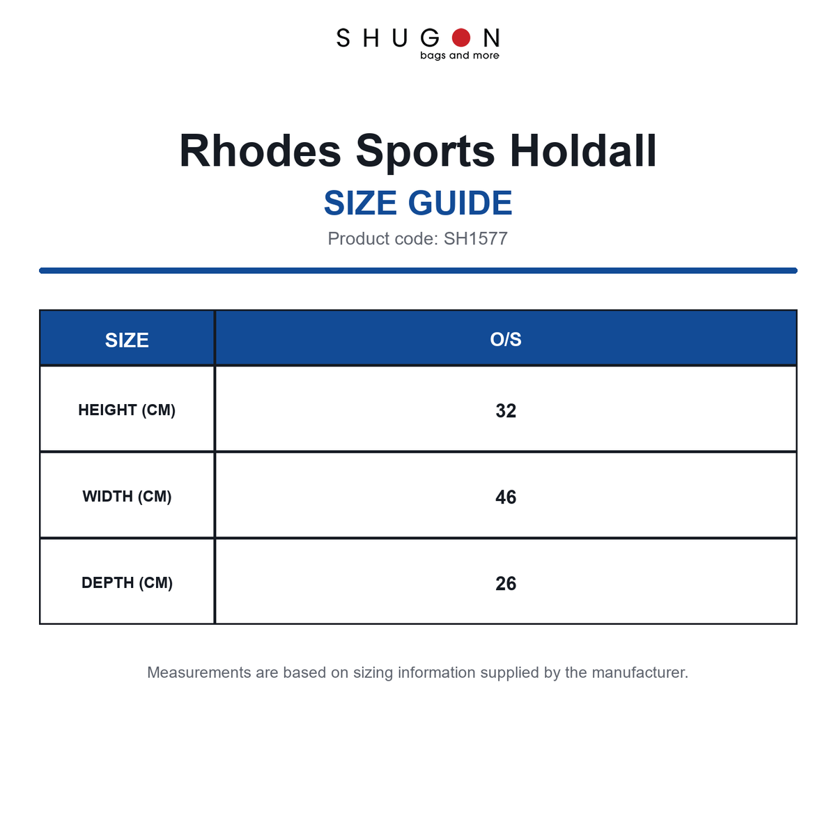 SH1577 Shugon Rhodes Sports Holdall size guide (SH1577)
