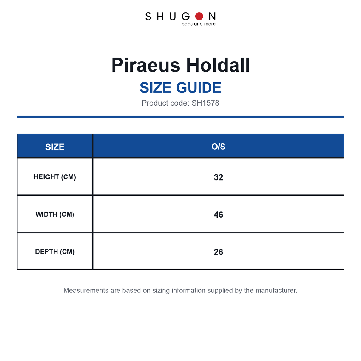 SH1578 Shugon Piraeus Holdall size guide (SH1578)