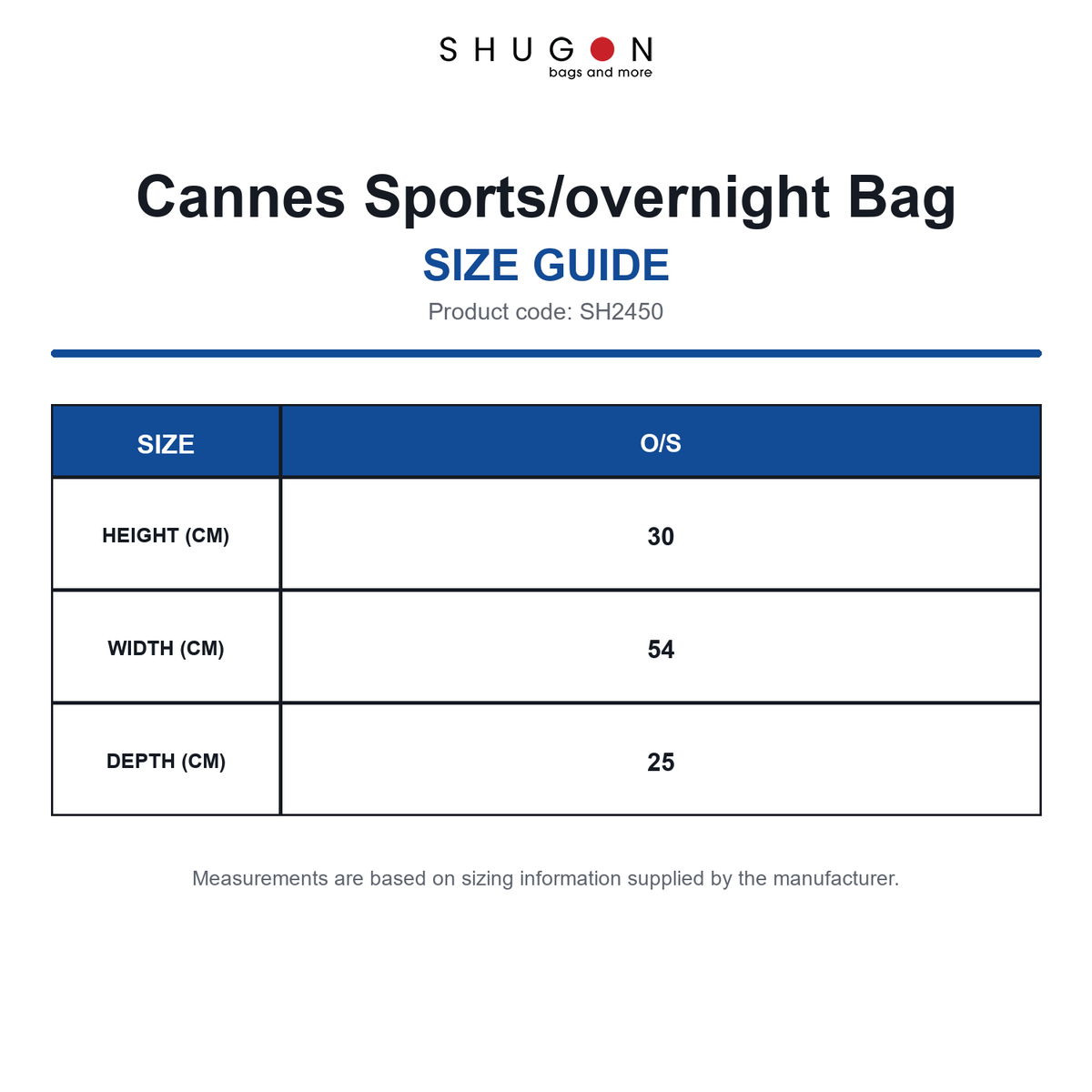 SH2450 Shugon Cannes Sports/overnight Bag size guide (SH2450)