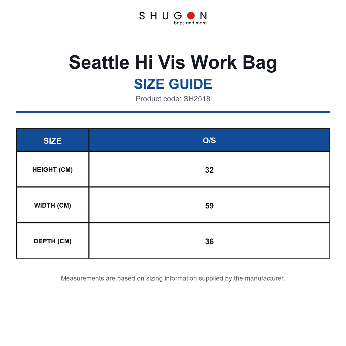 SH2518 Shugon Seattle Hi Vis Work Bag size guide (SH2518)