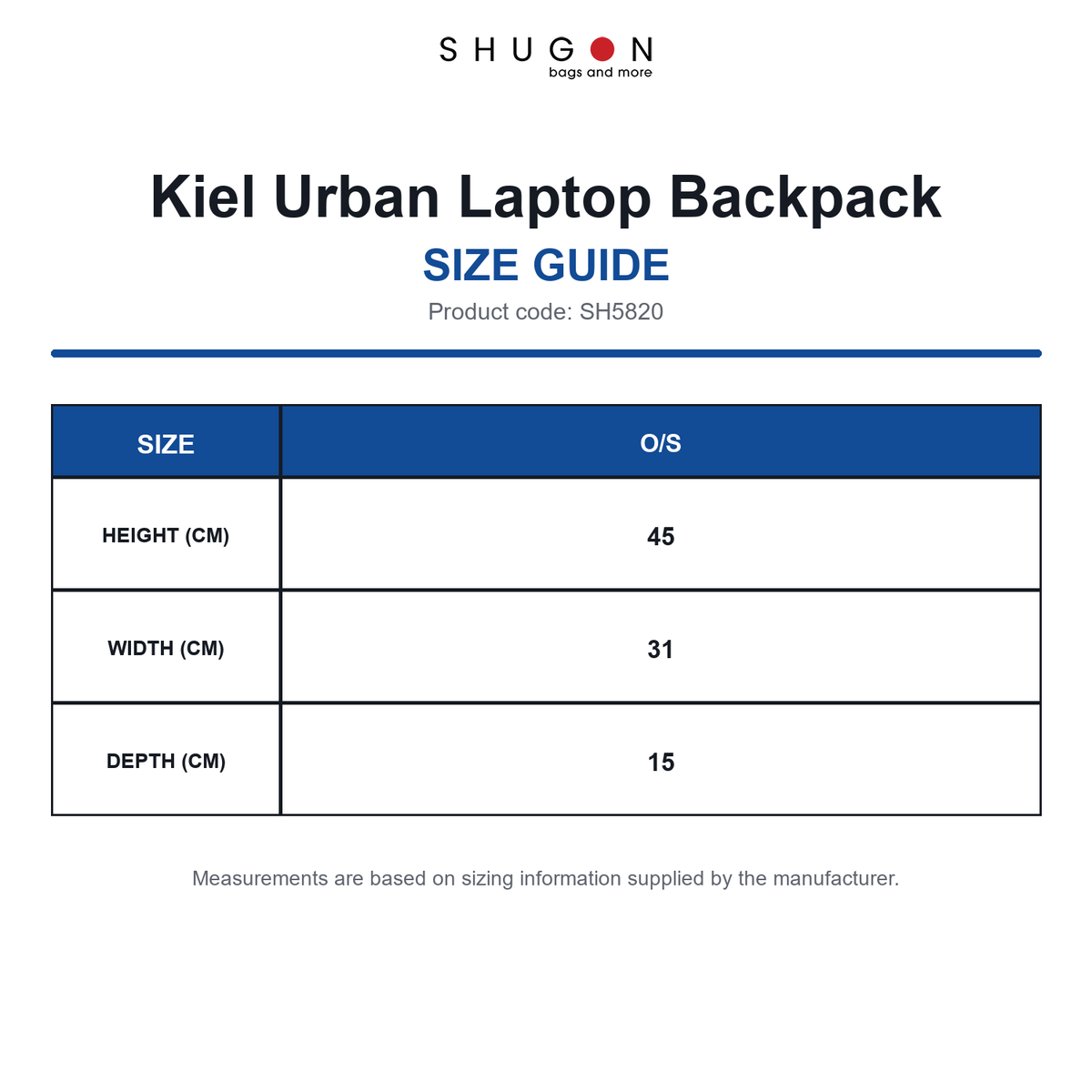 SH5820 Shugon Kiel Urban Laptop Backpack size guide (SH5820)