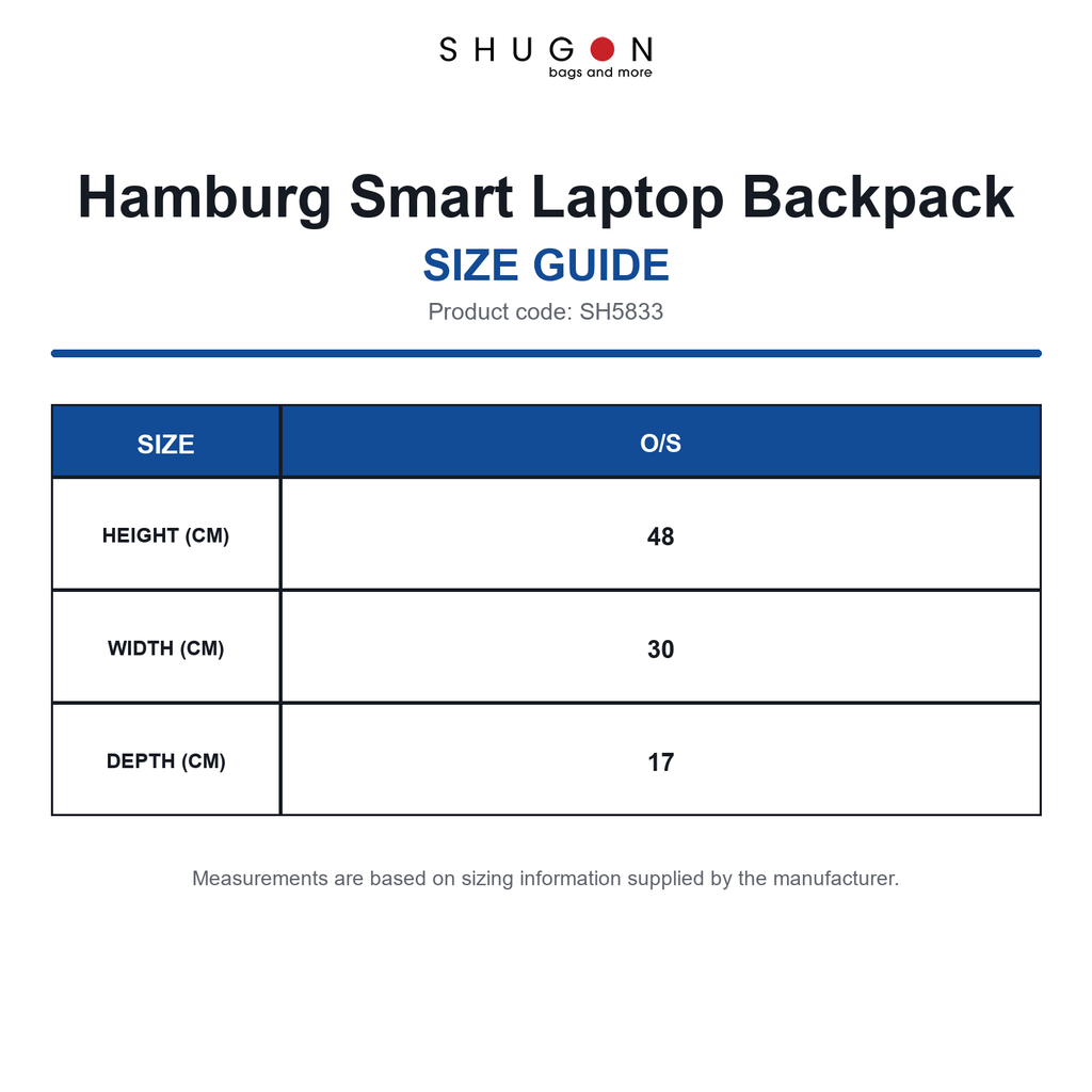 SH5833 Shugon Hamburg Smart Laptop Backpack size guide (SH5833)
