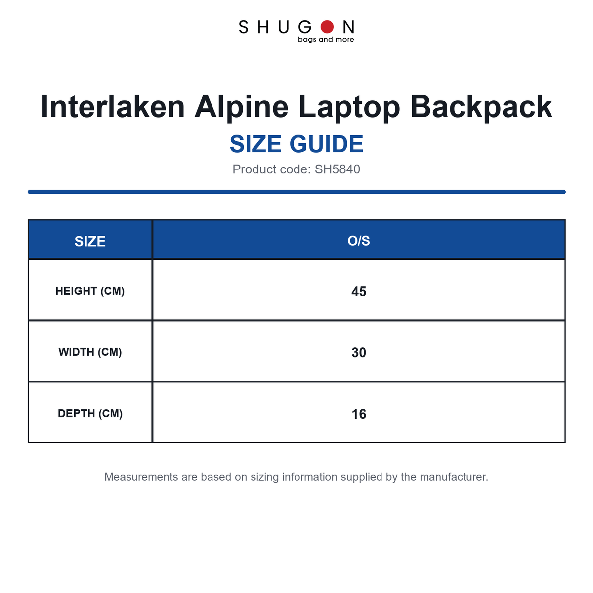 SH5840 Shugon Interlaken Alpine Laptop Backpack size guide (SH5840)