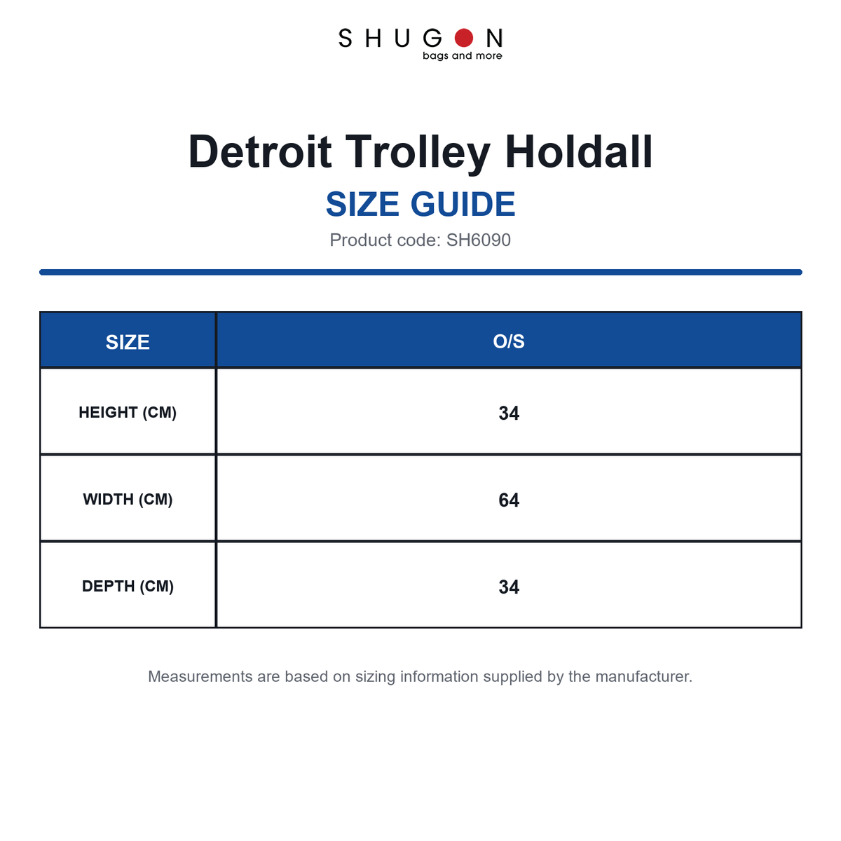 SH6090 Shugon Detroit Trolley Holdall size guide (SH6090)