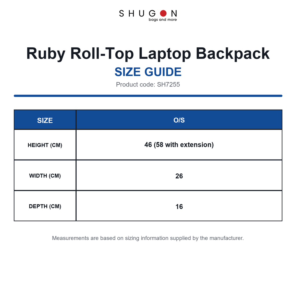 SH7255 Shugon Ruby Roll-Top Laptop Backpack size guide (SH7255)