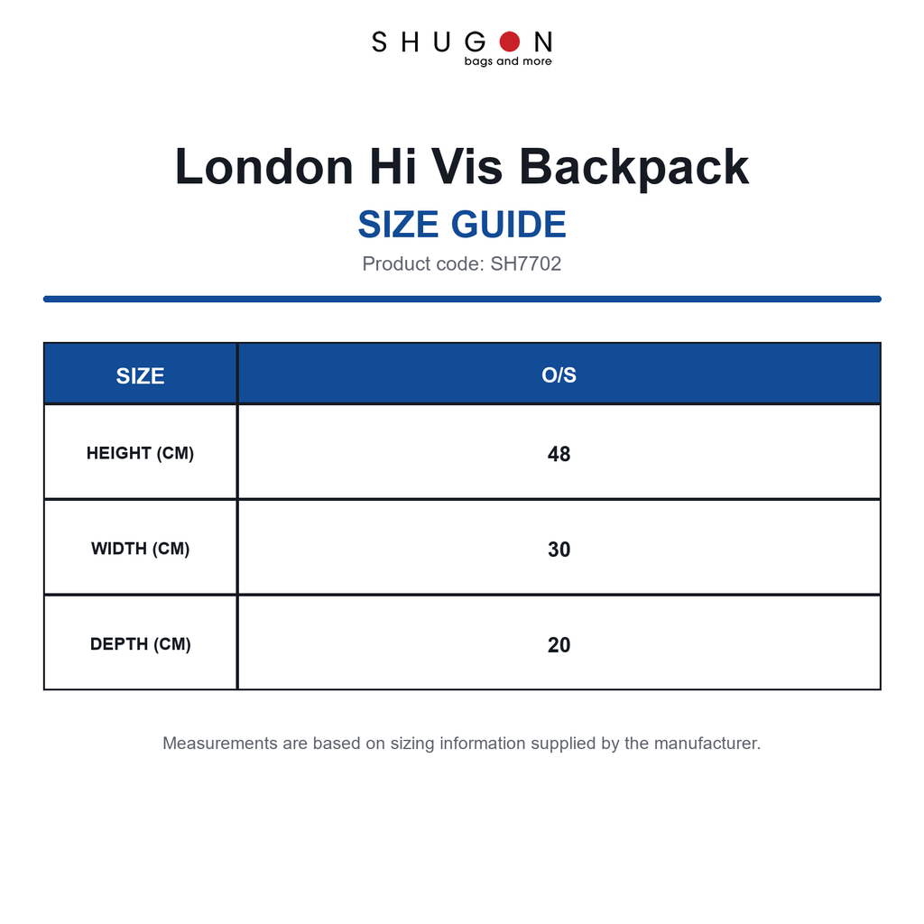SH7702 Shugon London Hi Vis Backpack size guide (SH7702)