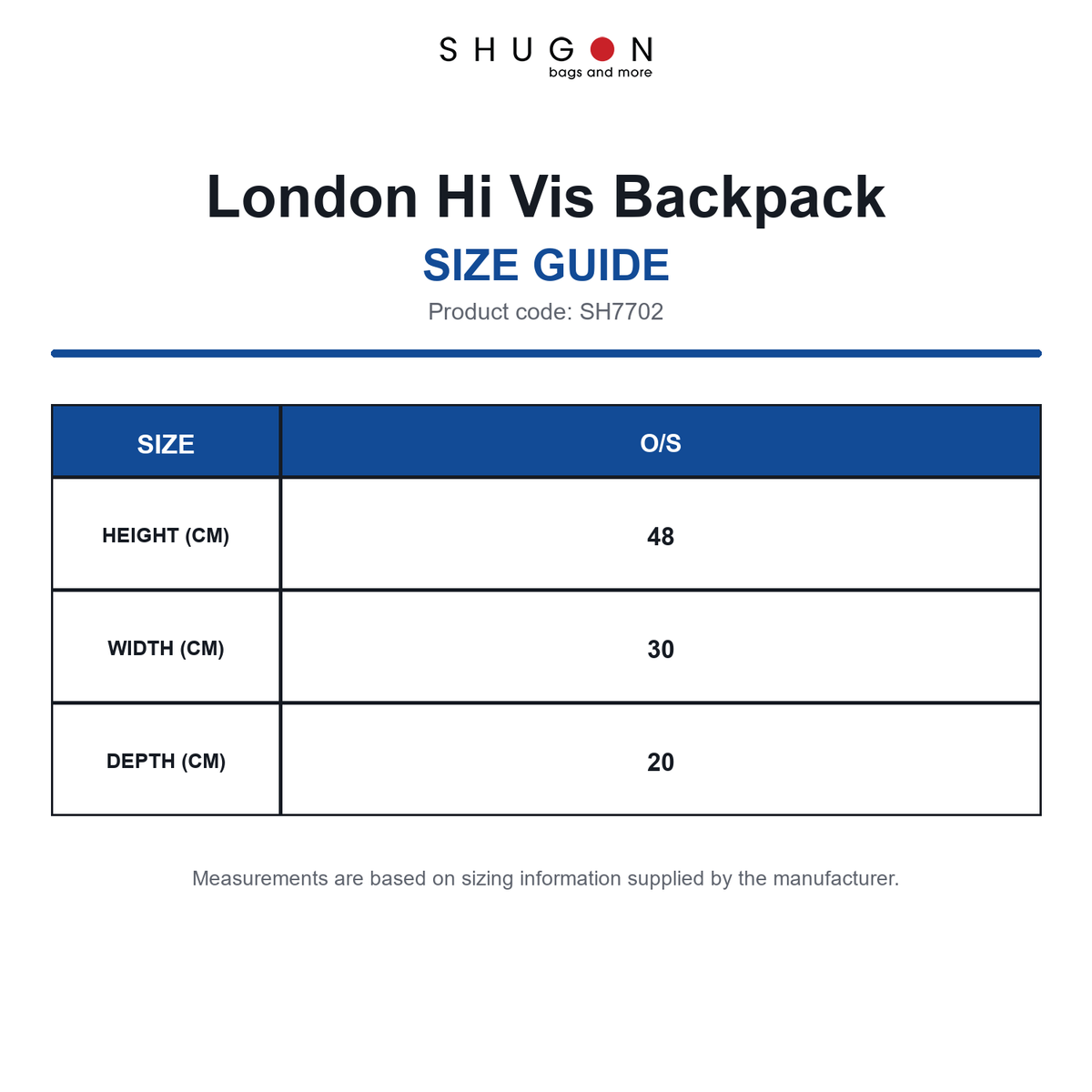 SH7702 Shugon London Hi Vis Backpack size guide (SH7702)