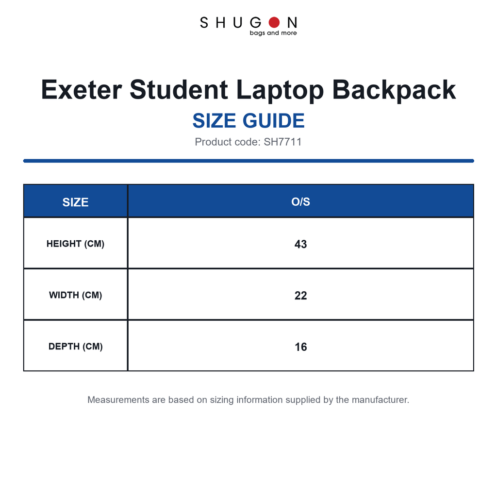 SH7711 Shugon Exeter Student Laptop Backpack size guide (SH7711)