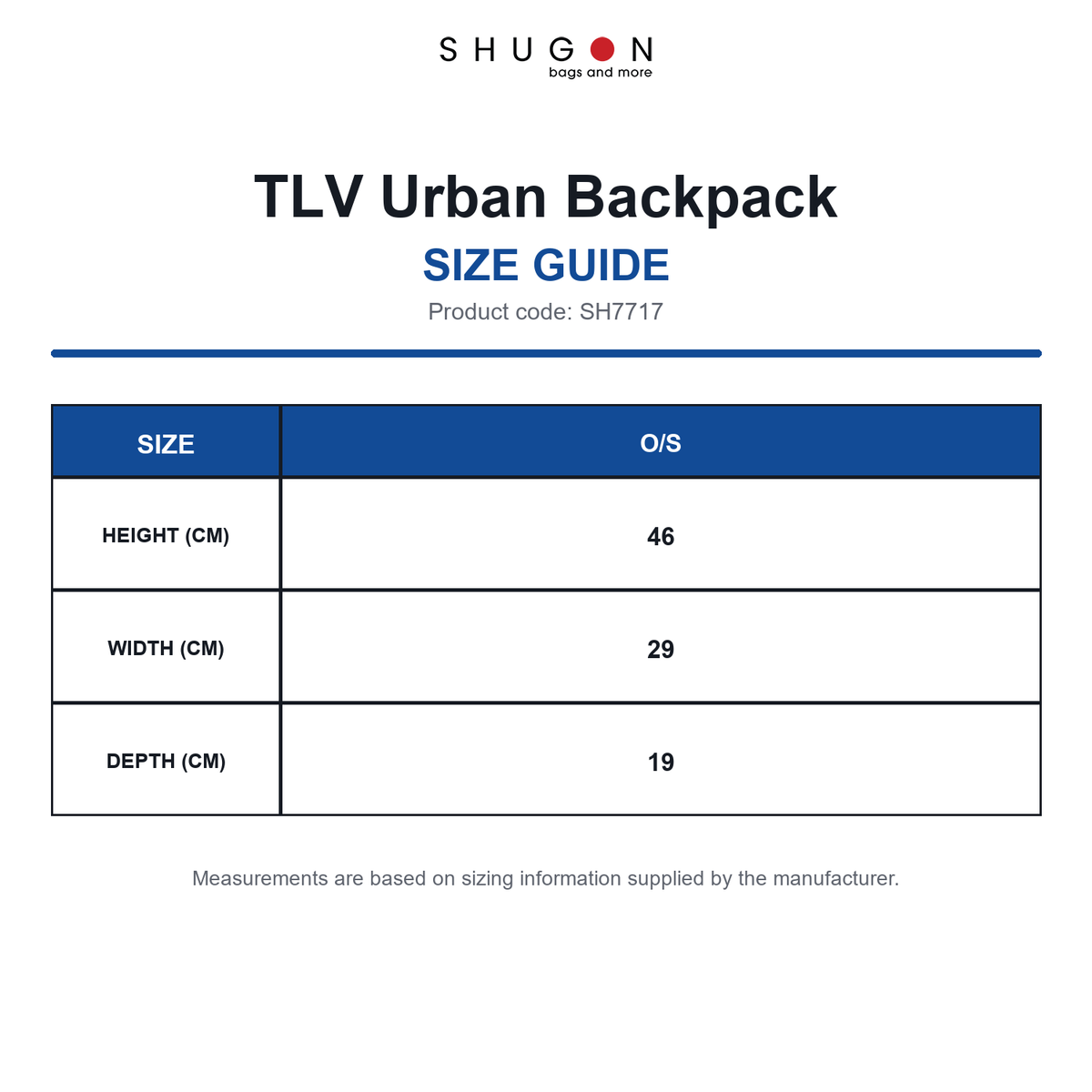 SH7717 Shugon TLV Urban Backpack size guide (SH7717)