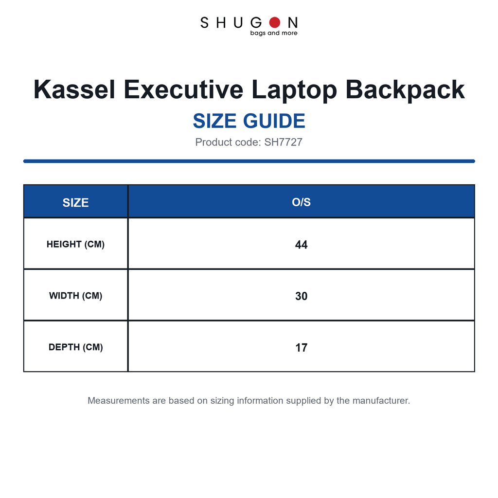 SH7727 Shugon Kassel Executive Laptop Backpack size guide (SH7727)