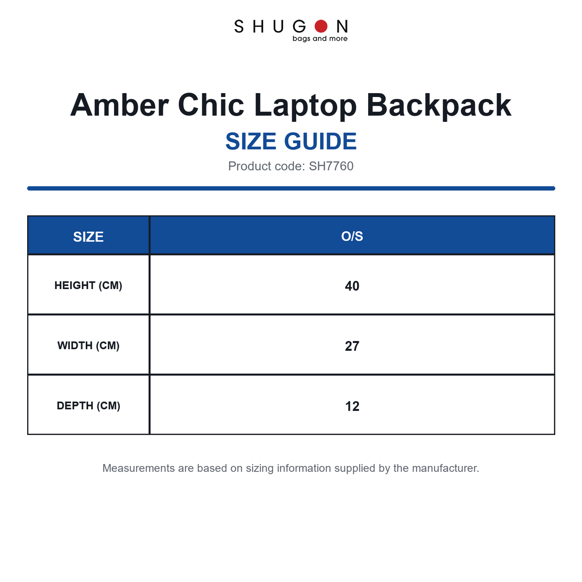 SH7760 Shugon Amber Chic Laptop Backpack size guide (SH7760)