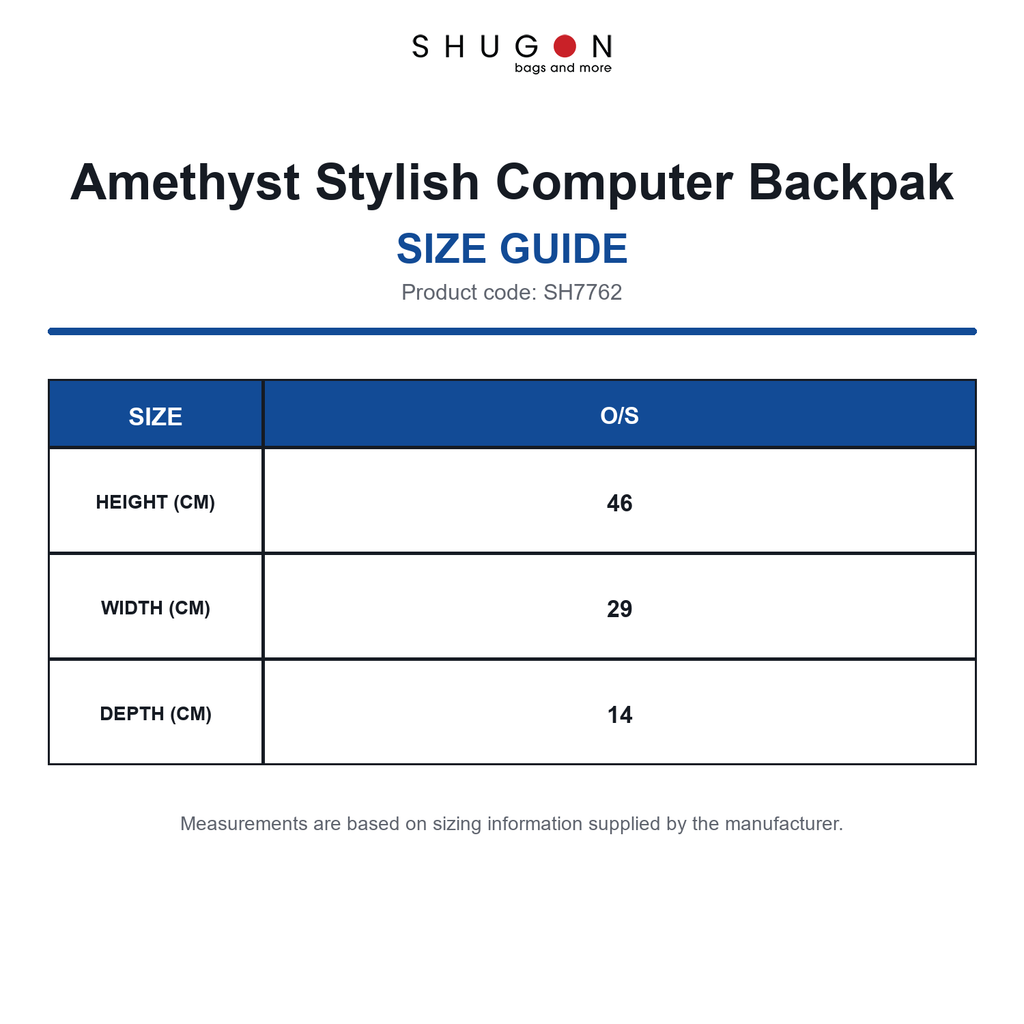 SH7762 Shugon Amethyst Stylish Computer Backpak size guide (SH7762)