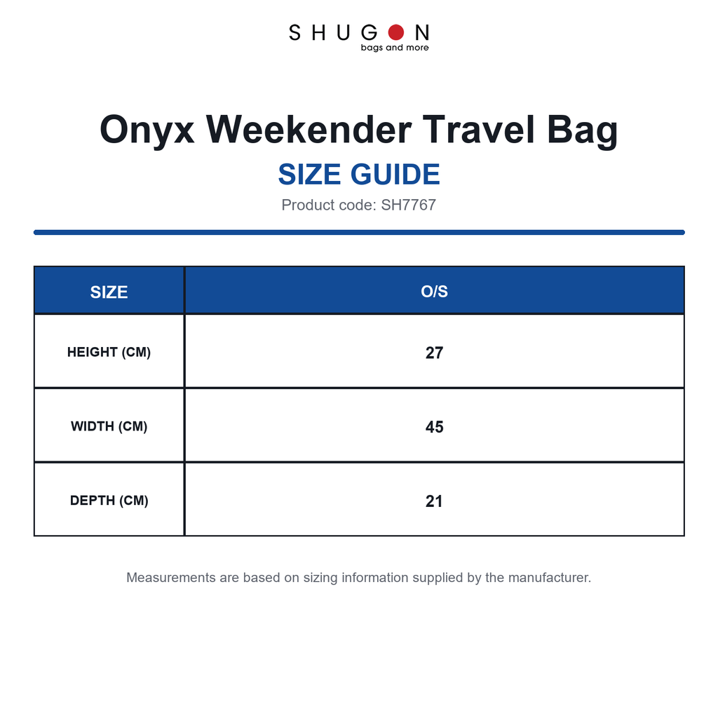 SH7767 Shugon Onyx Weekender Travel Bag size guide (SH7767)