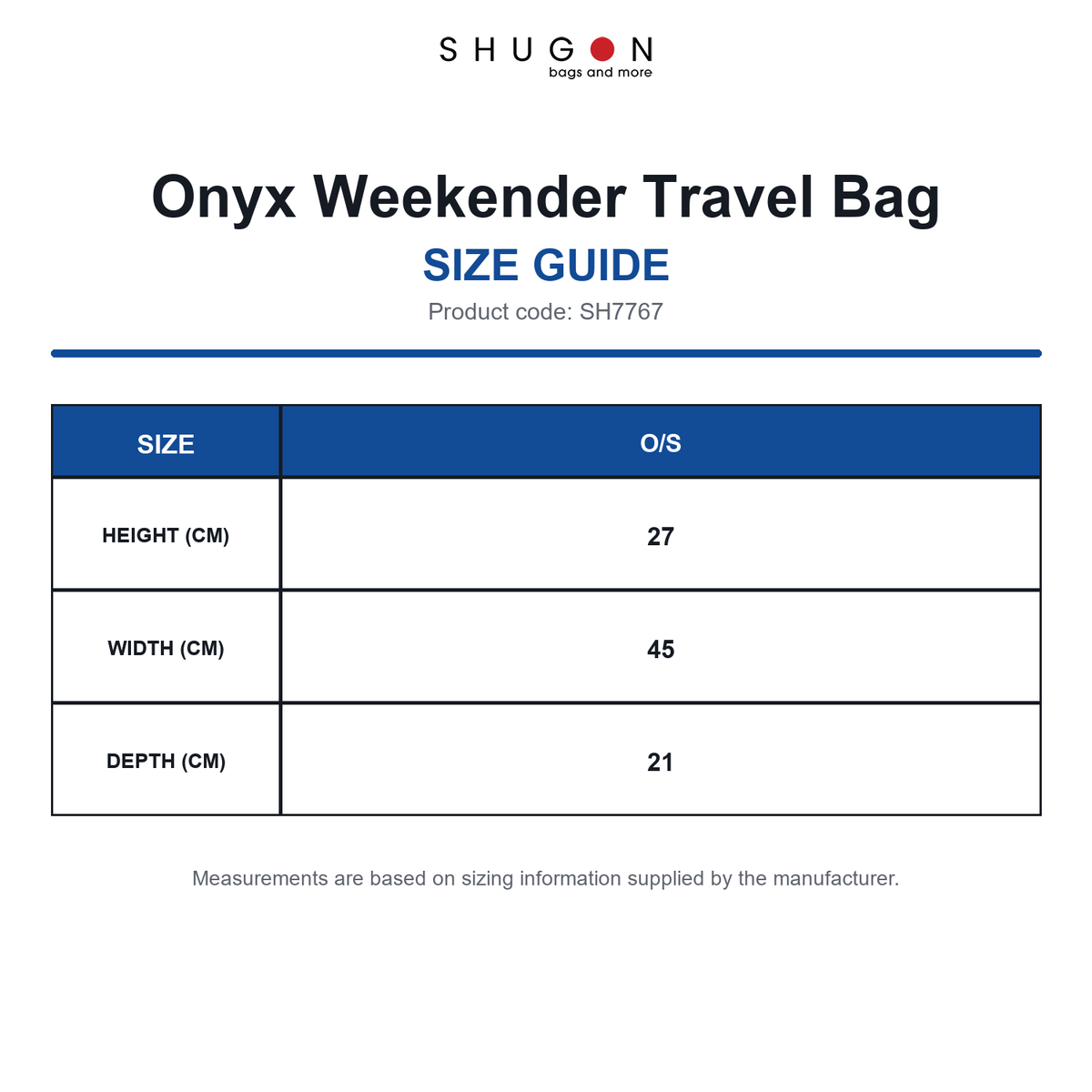 SH7767 Shugon Onyx Weekender Travel Bag size guide (SH7767)