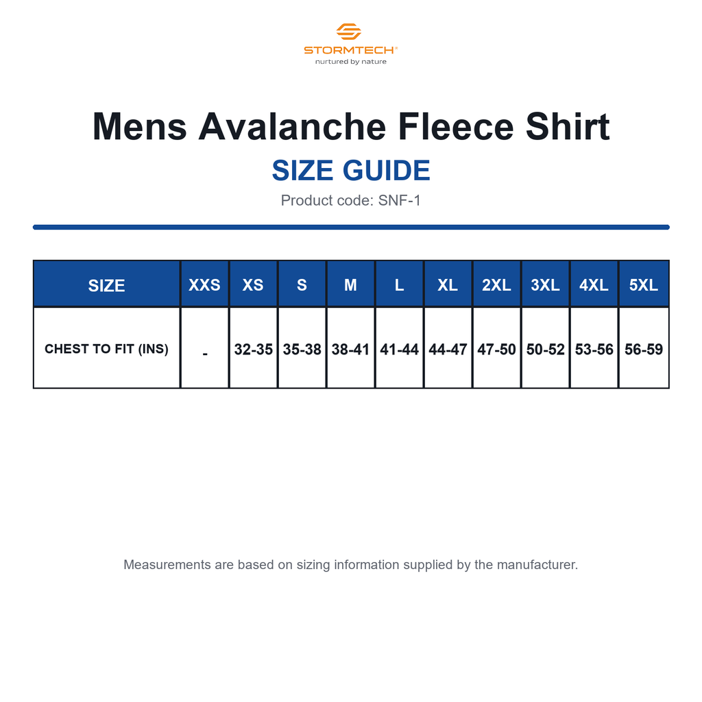 SNF-1 Stormtech Mens Avalanche Fleece Shirt size guide (SNF-1)