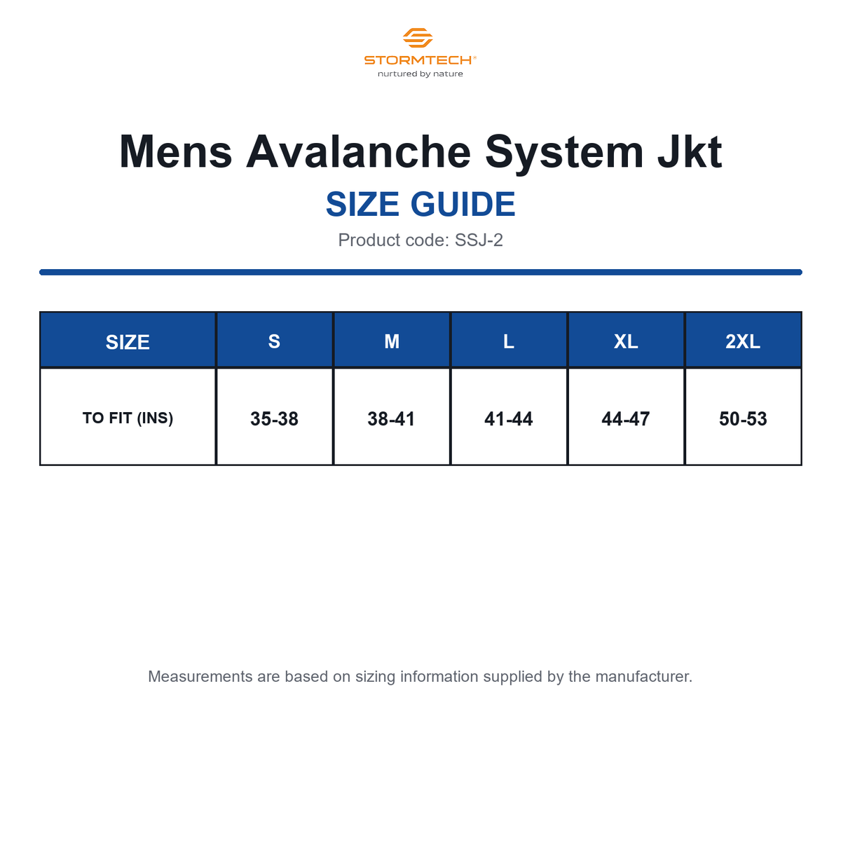 SSJ-2 Stormtech Mens Avalanche System Jkt size guide (SSJ-2)