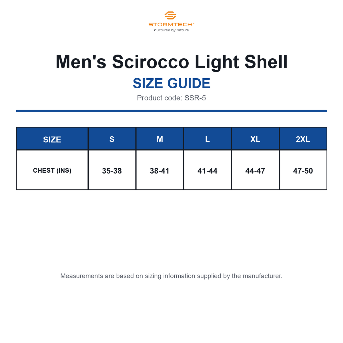 SSR-5 Stormtech Men's Scirocco Light Shell size guide (SSR-5)