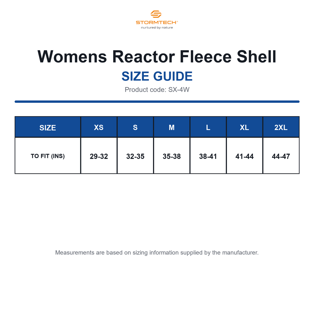 SX-4W Stormtech Womens Reactor Fleece Shell size guide (SX-4W)