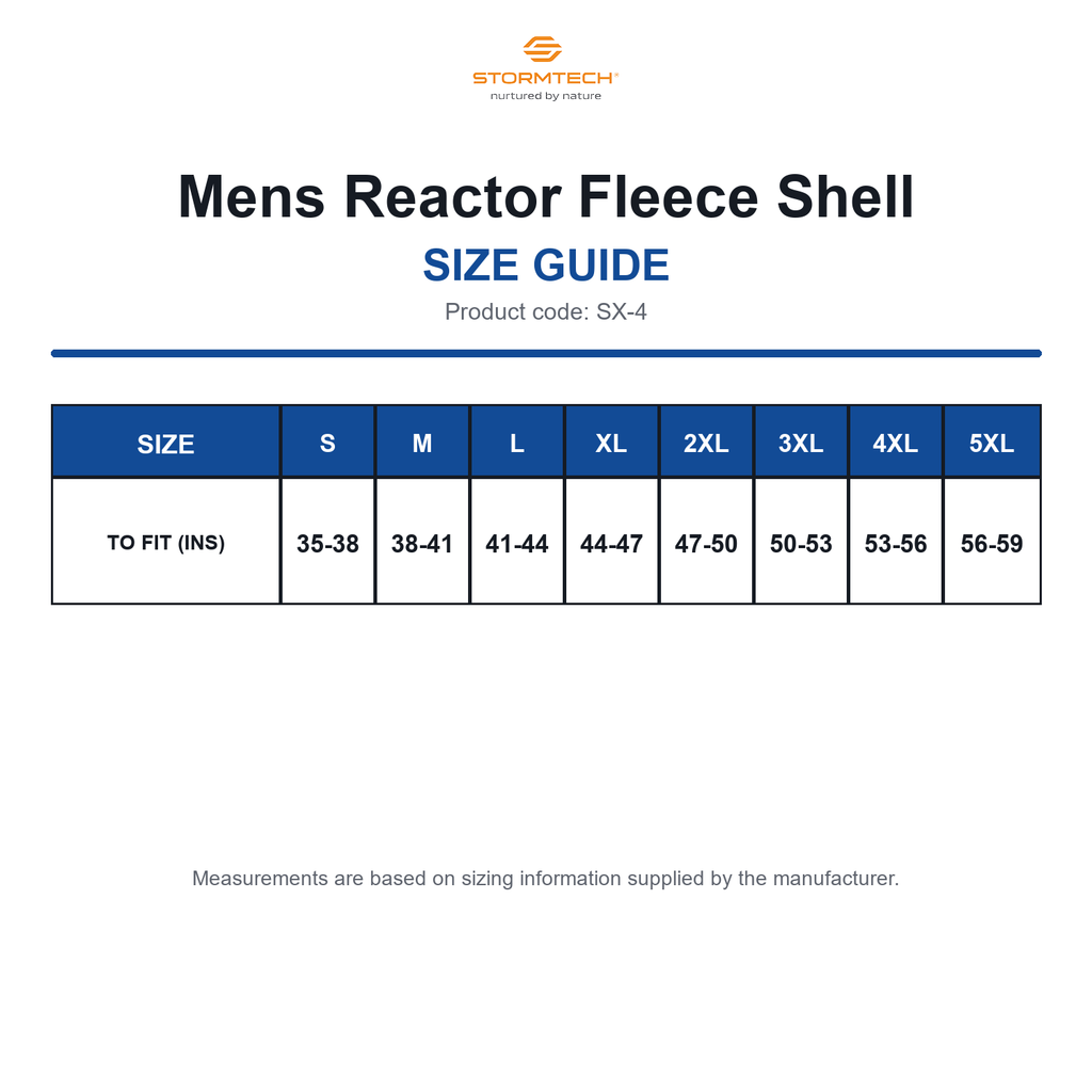 SX-4 Stormtech Mens Reactor Fleece Shell size guide (SX-4)