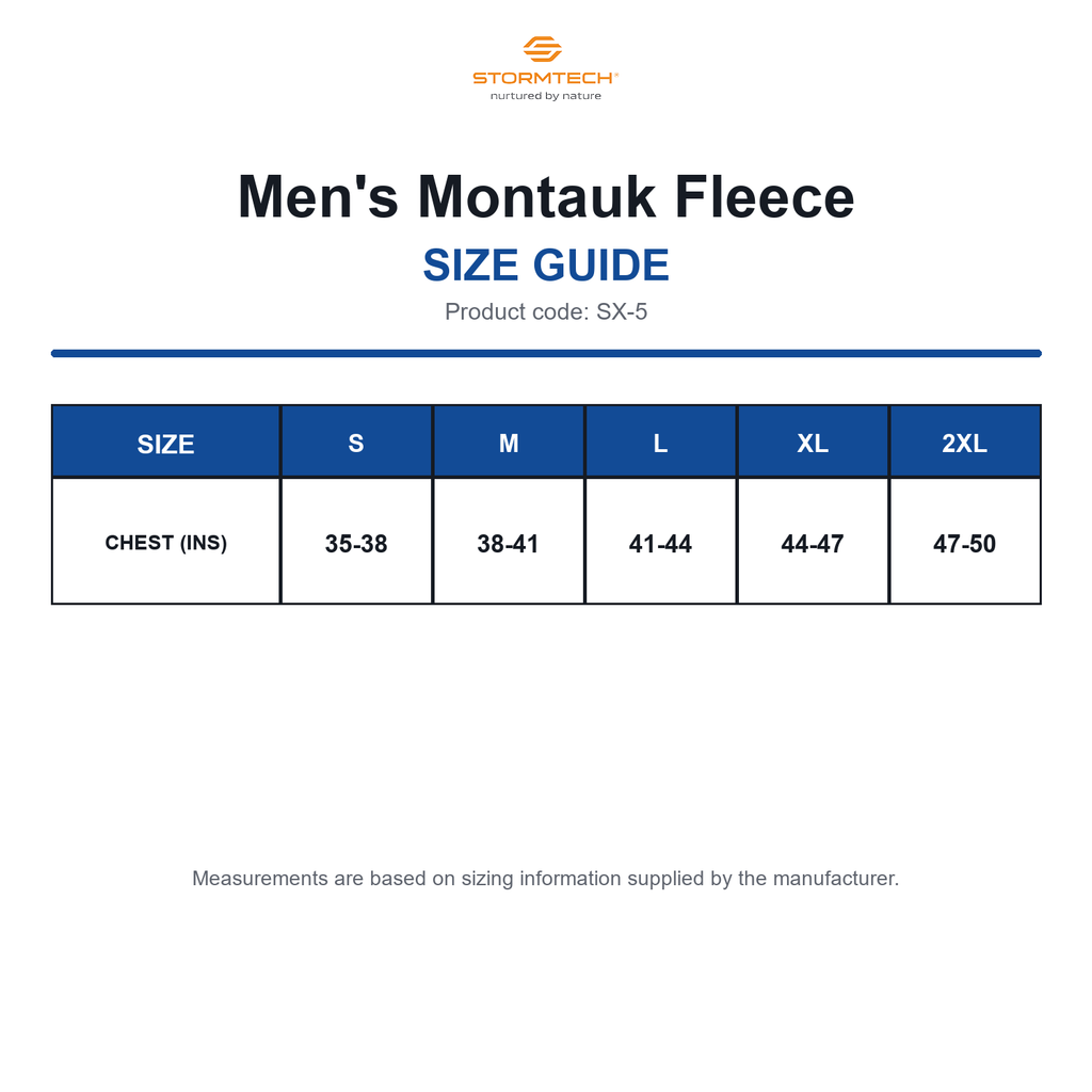 SX-5 Stormtech Men's Montauk Fleece size guide (SX-5)