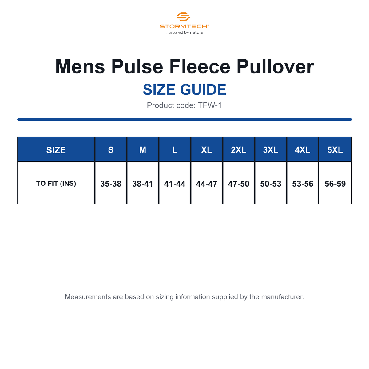 TFW-1 Stormtech Mens Pulse Fleece Pullover size guide (TFW-1)