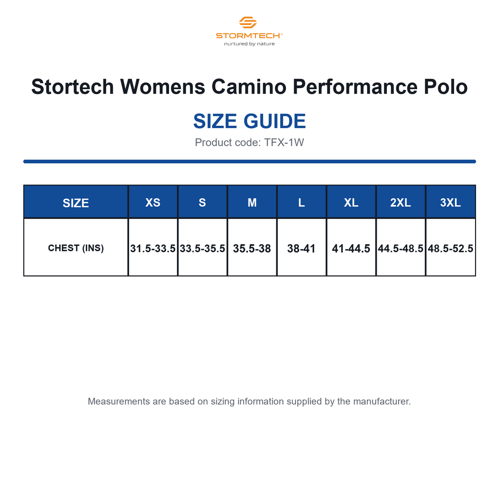 TFX-1W Stortech Womens Camino Performance Polo size guide (TFX-1W)