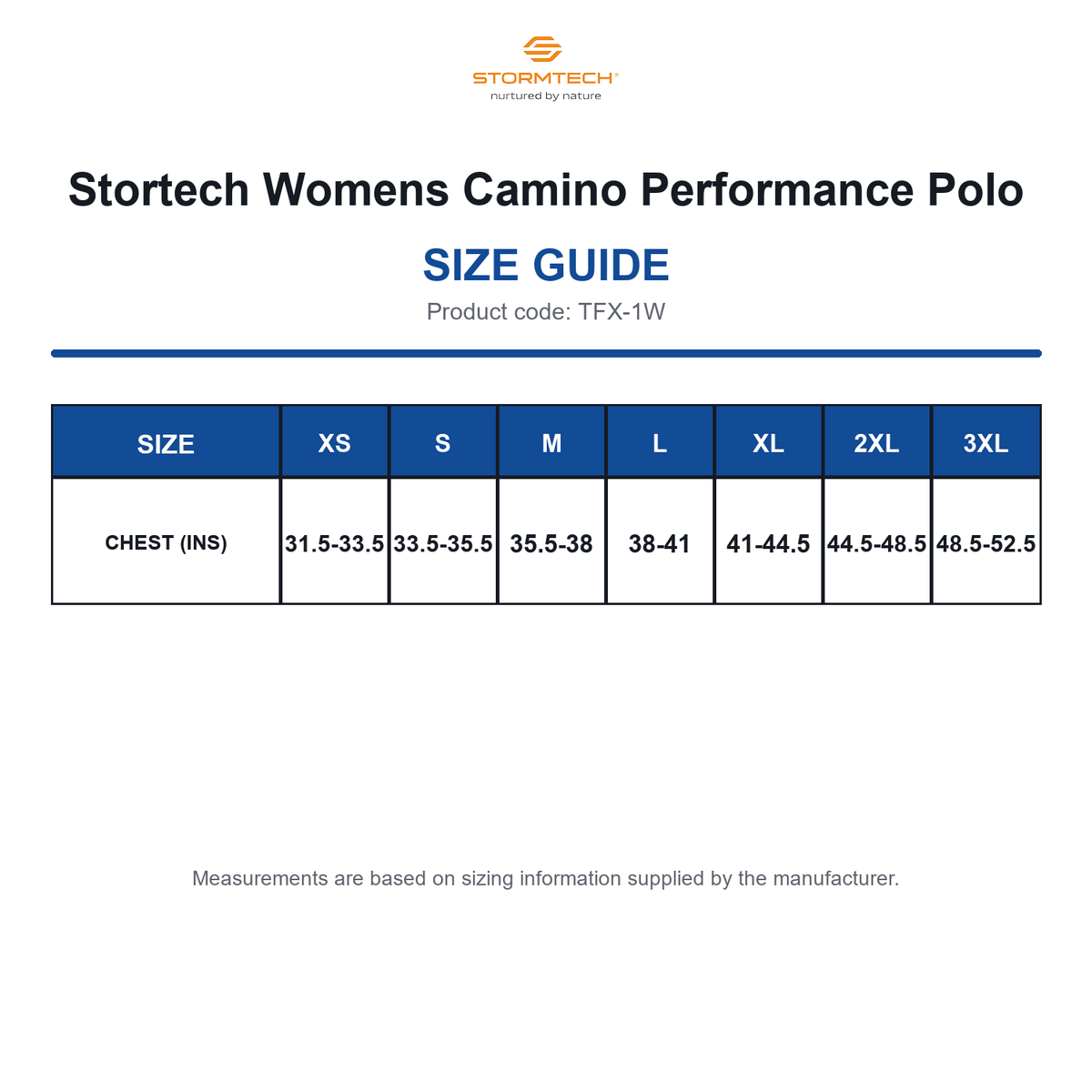 TFX-1W Stortech Womens Camino Performance Polo size guide (TFX-1W)