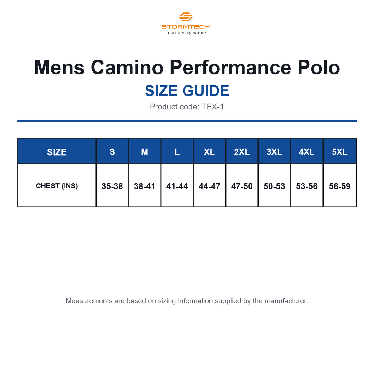 TFX-1 Stormtech Mens Camino Performance Polo size guide (TFX-1)