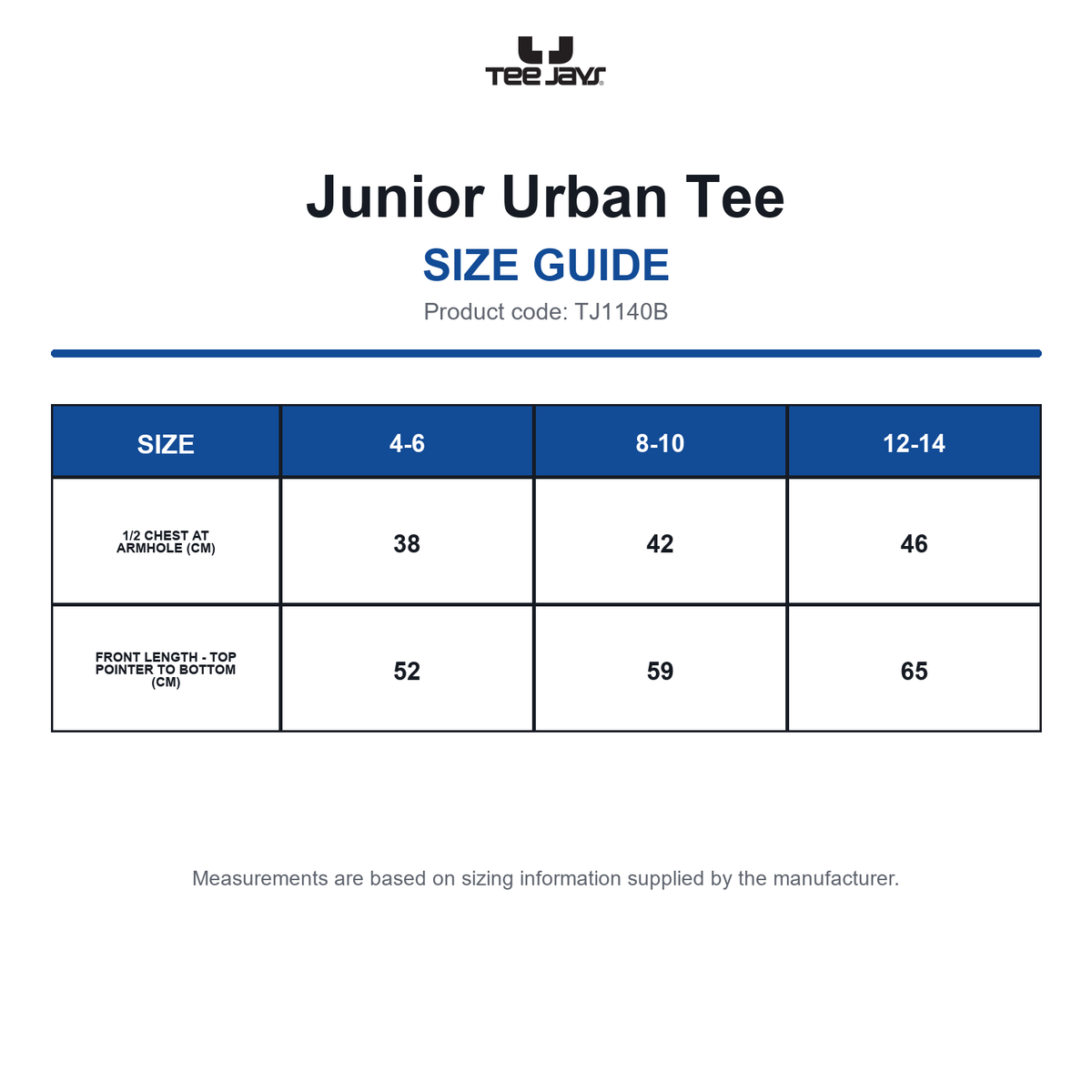 TJ1140B Tee Jays Junior Urban Tee size guide (TJ1140B)