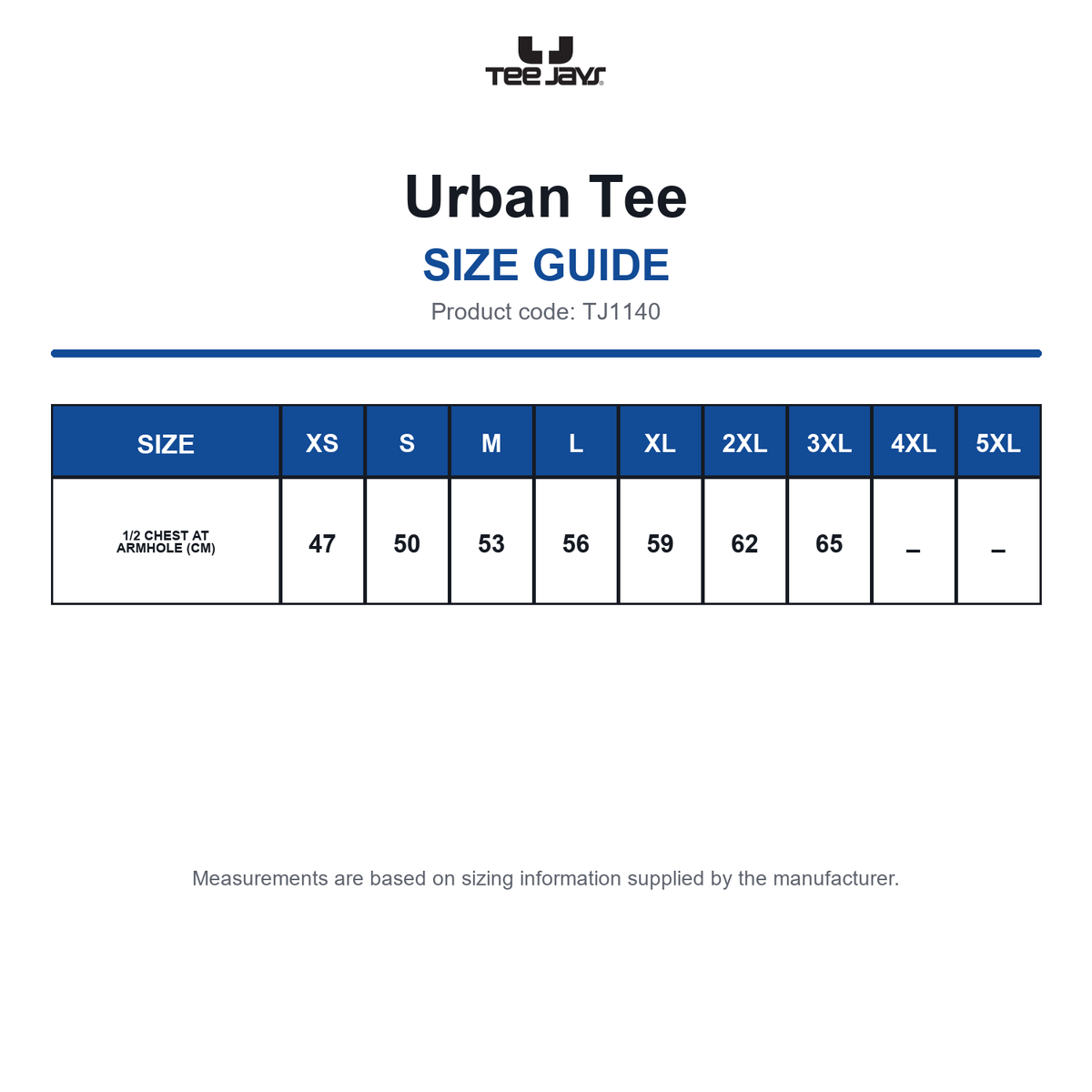 TJ1140 Tee Jays Urban Tee size guide (TJ1140)