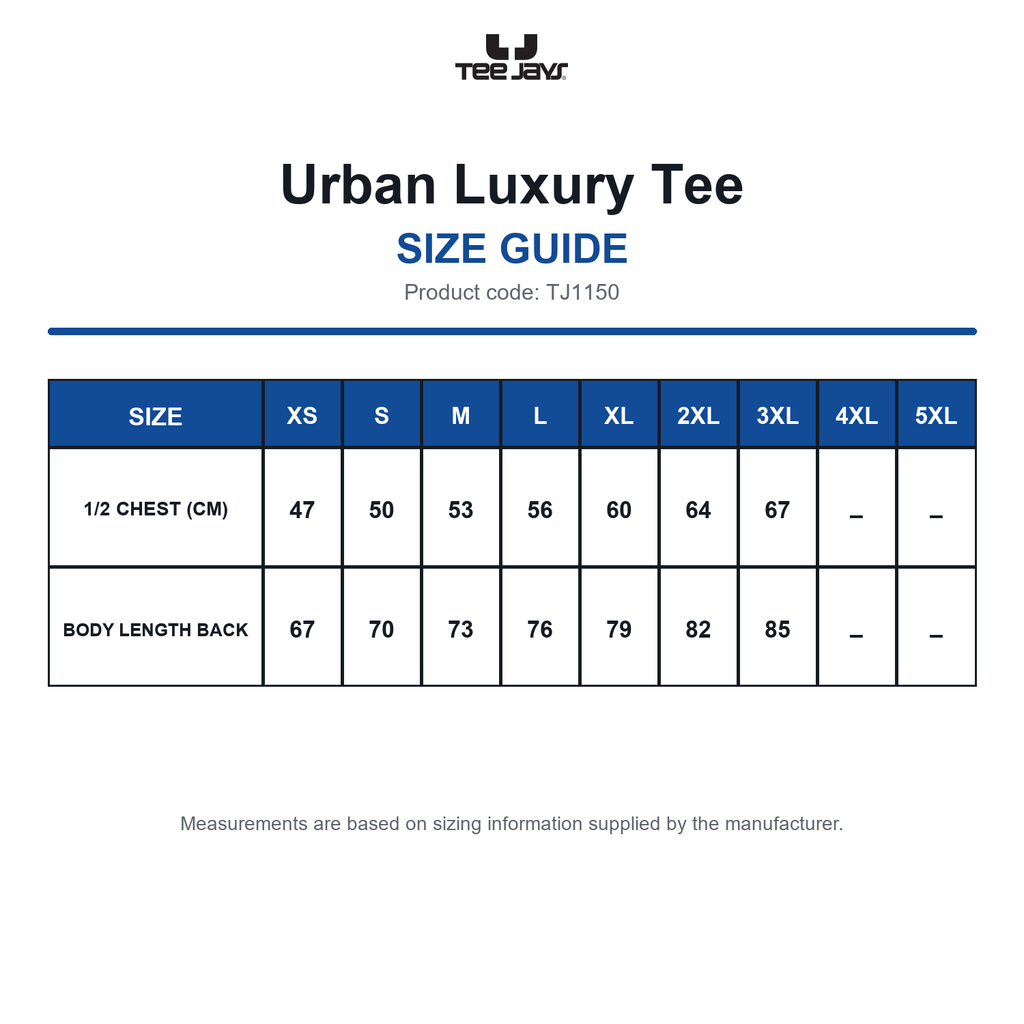 TJ1150 Tee Jays Urban Luxury Tee size guide (TJ1150)