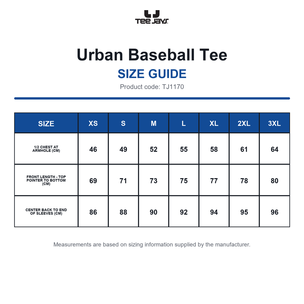 TJ1170 Tee Jays Urban Baseball Tee size guide (TJ1170)