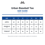 TJ1170 Tee Jays Urban Baseball Tee size guide (TJ1170)