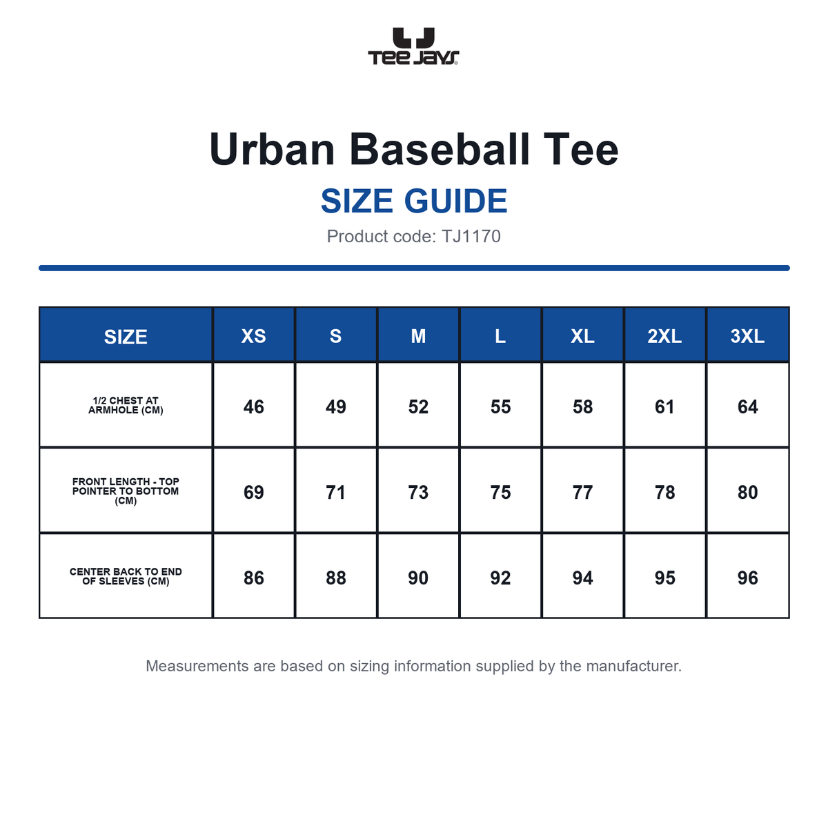 TJ1170 Tee Jays Urban Baseball Tee size guide (TJ1170)