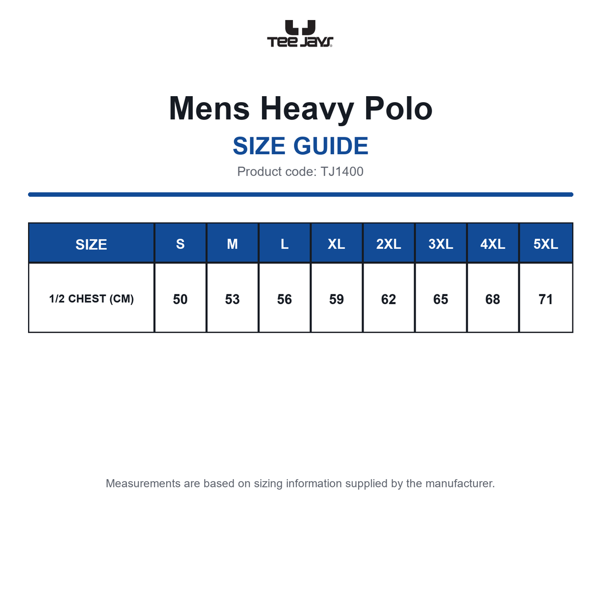 TJ1400 Tee Jays Mens Heavy Polo size guide (TJ1400)